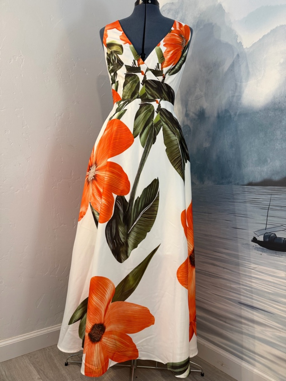 Floral V-Neck White Maxi Dress with Orange Tropical Blooms #153